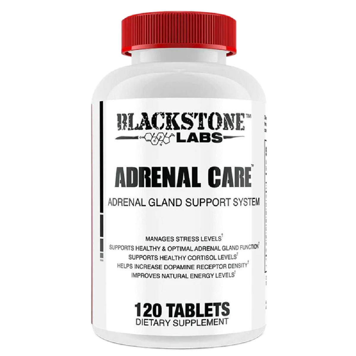 Blackstone Labs | Adrenal Care | Support Adrenal Gland Recovery After Prolonged Stimulant Usage | Photo of White Bottle with Red Top