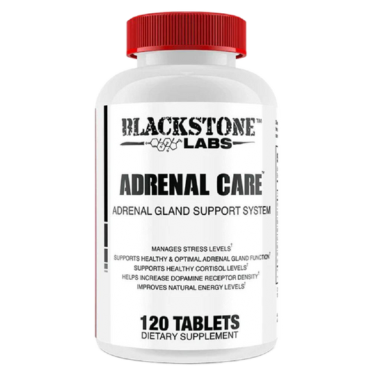 Blackstone Labs | Adrenal Care | Support Adrenal Gland Recovery After Prolonged Stimulant Usage | Photo of White Bottle with Red Top