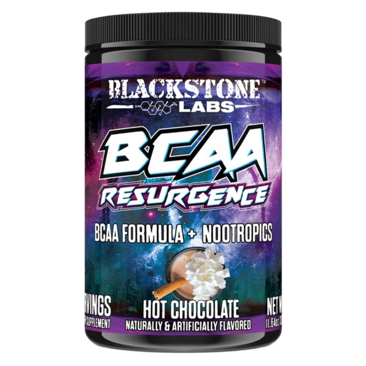 Blackstone Labs | BCAA Resurgence | Hot Chocolate | Combination Multivitamin and Amino Acid Supplement | Focusing Agent | Image of Bottle Render