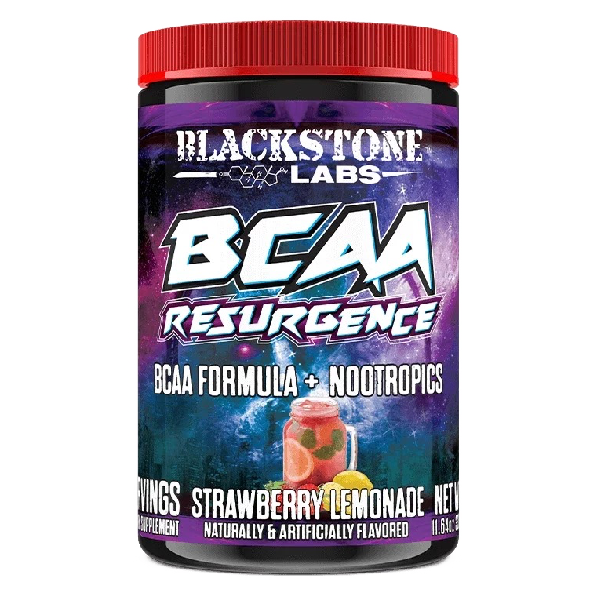 Blackstone Labs | BCAA Resurgence | Strawberry Lemonade | Combination Multivitamin and Amino Acid Supplement | Focusing Agent | Image of Bottle Render