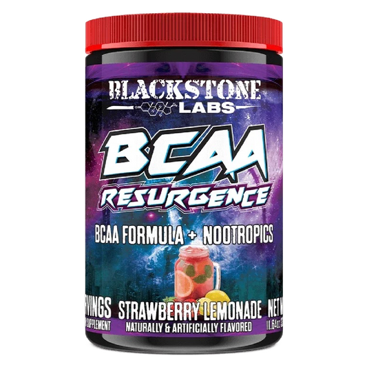 Blackstone Labs | BCAA Resurgence | Strawberry Lemonade | Combination Multivitamin and Amino Acid Supplement | Focusing Agent | Image of Bottle Render