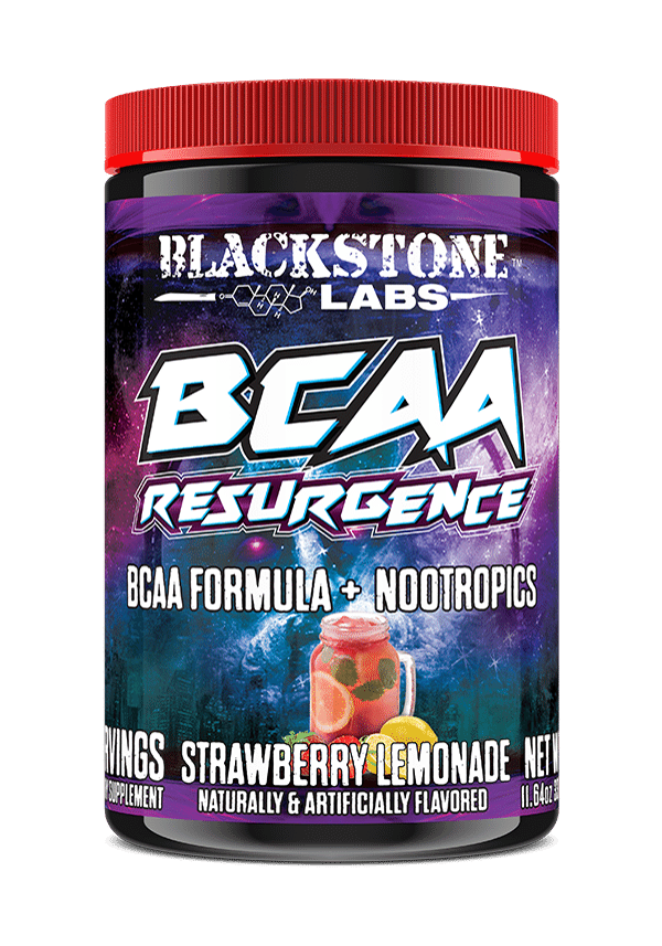 Blackstone Labs | BCAA Resurgence | Strawberry Lemonade | Combination Multivitamin and Amino Acid Supplement | Focusing Agent | Image of Bottle Render