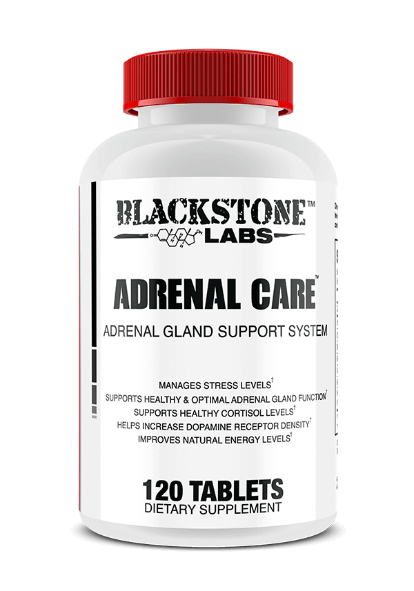 Blackstone Labs | Adrenal Care | Support Adrenal Gland Recovery After Prolonged Stimulant Usage | Photo of White Bottle with Red Top