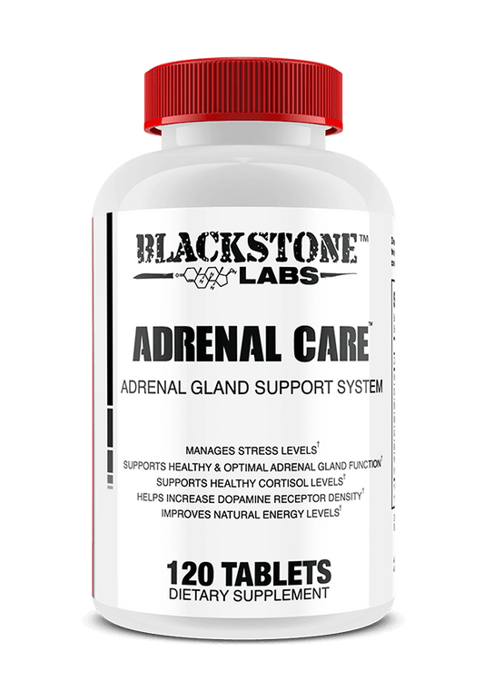 Blackstone Labs | Adrenal Care | Support Adrenal Gland Recovery After Prolonged Stimulant Usage | Photo of White Bottle with Red Top