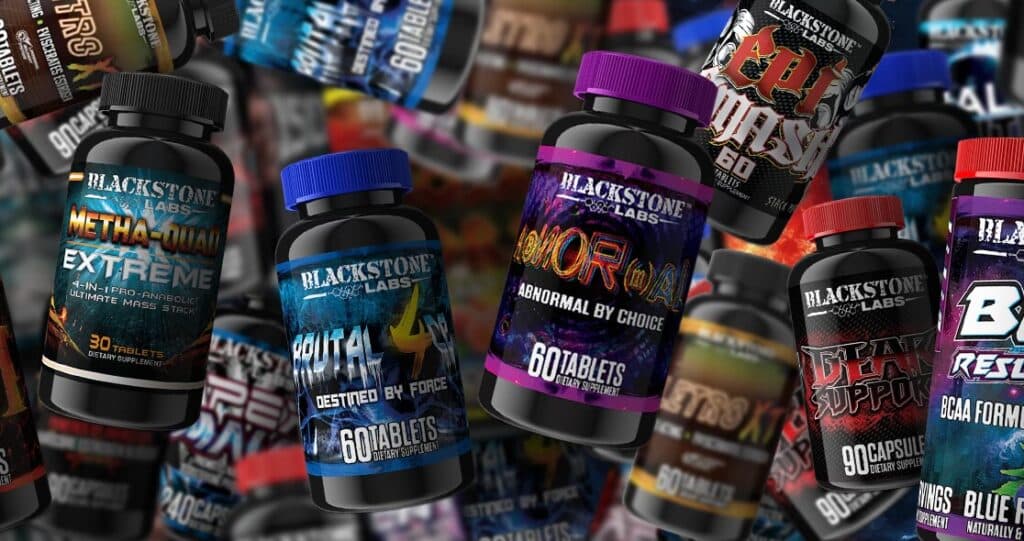 Hardcore Supplements For Building Muscle. Depicted: Metha-Quad Extreme, Brutal 4ce, AbNORmal, Gear Support, Epi-Smash, and others.