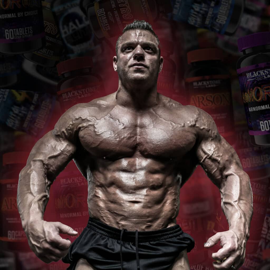 PJ Braun posing, background of falling supplements