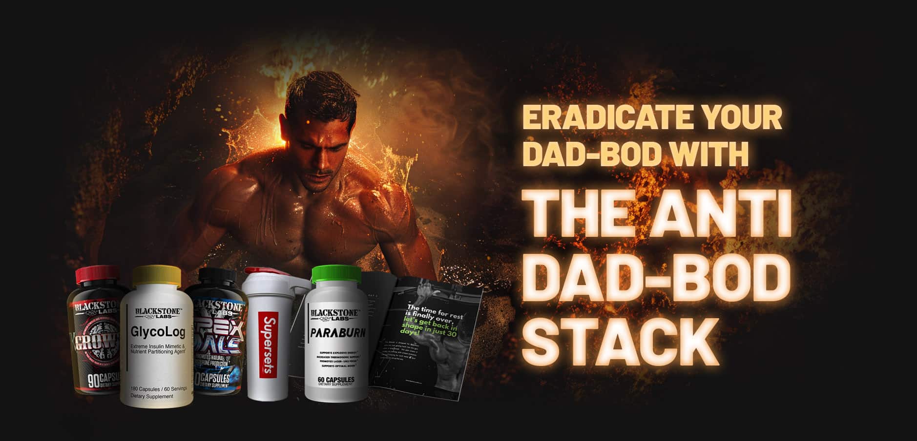 Eradicate your dad bod with the Anti Dad-Bod Stack (Growth, Glycolog, Apex Male, Paraburn, Shaker, and E-Book.